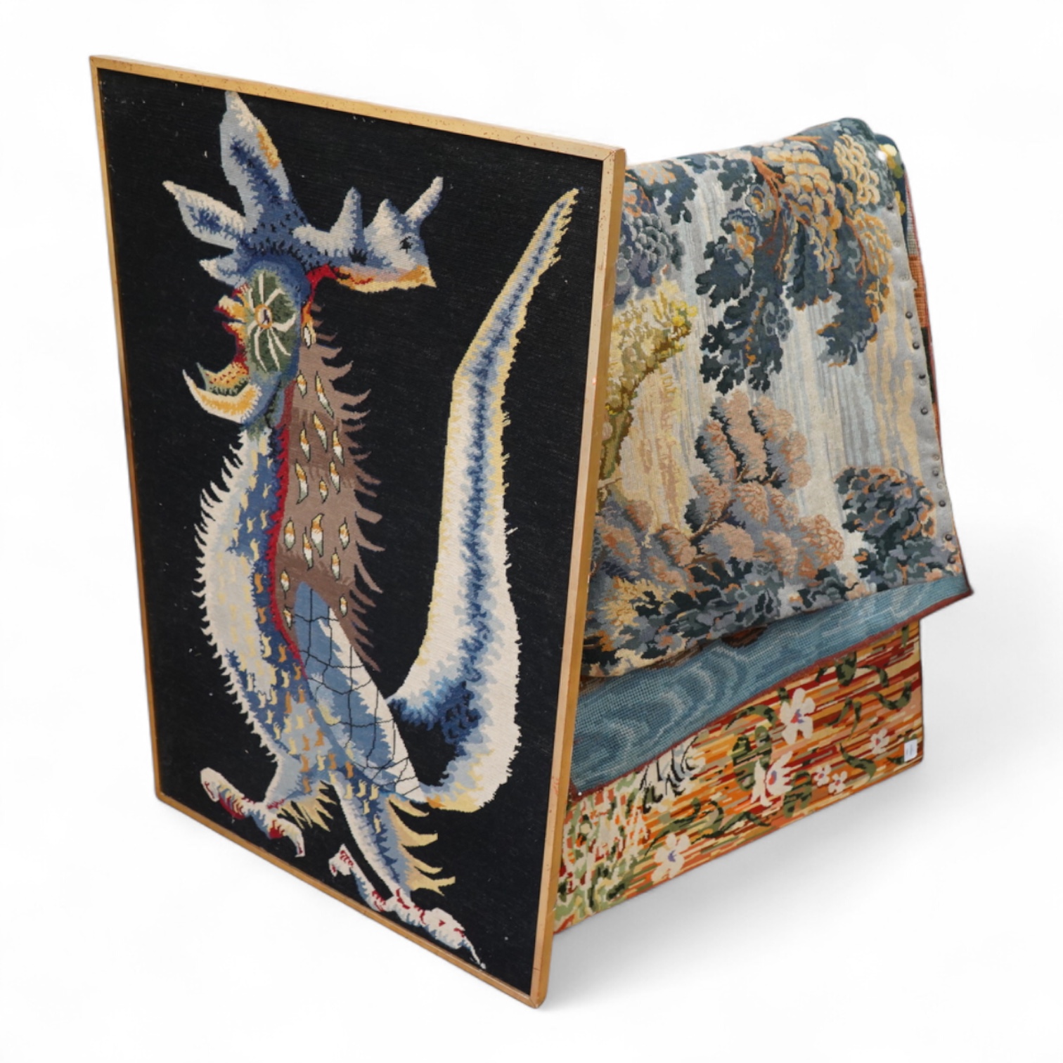 A group of three large modern wool work unframed panels together with two similar framed panels, largest framed panel 138cm x 86cm